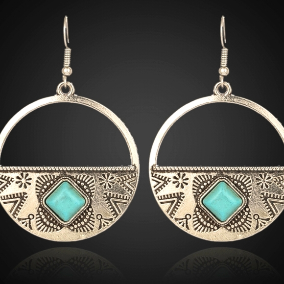 Boho Festival Folk Round Drop Turquoise Earrings - Picture 8 of 10